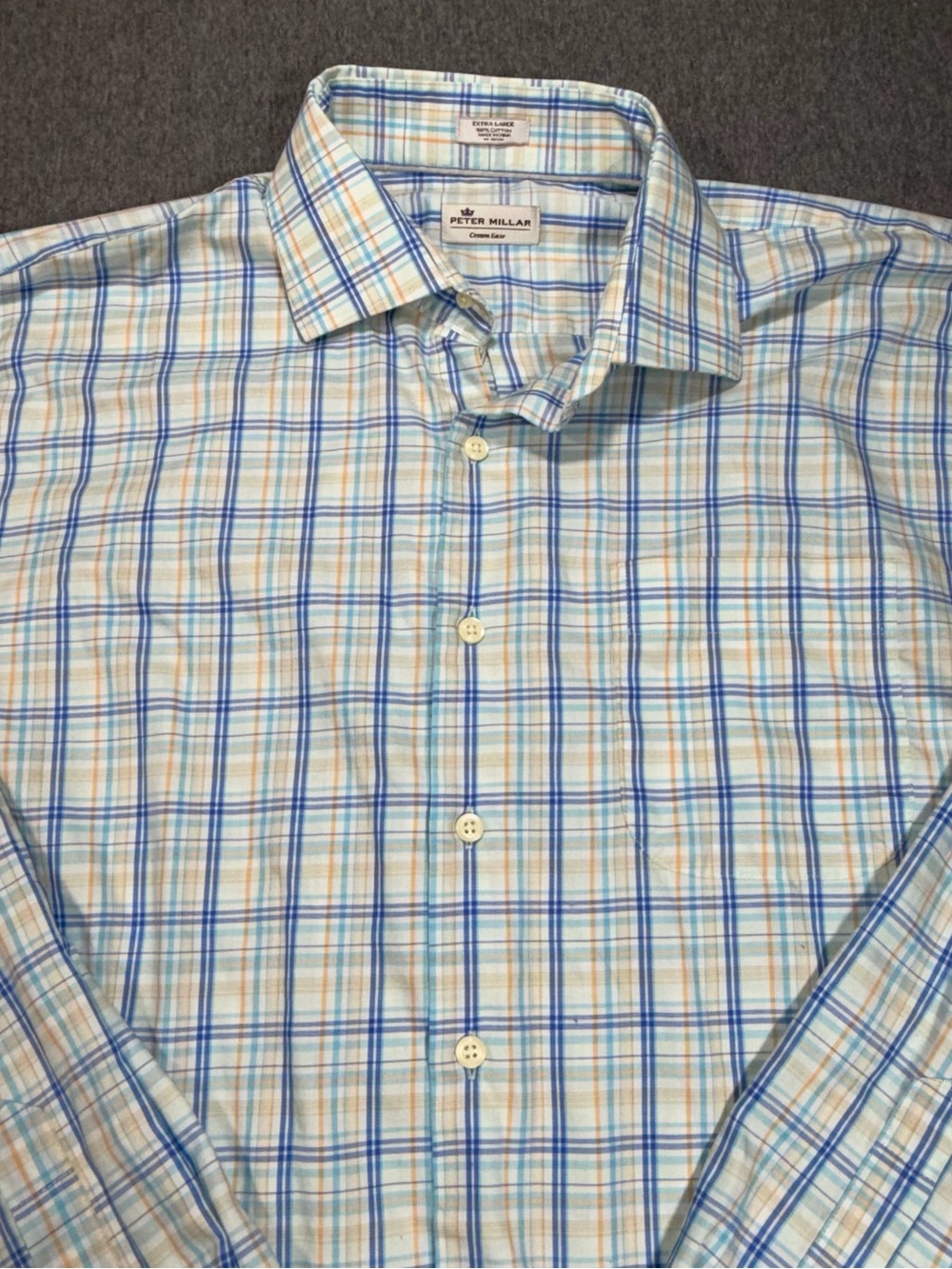 Peter Millar Crown Ease Men’s XL Blue White Plaid Button Down Stretch